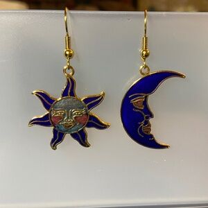 Asymmetric Cloisonee Sun and Moon Drop Earrings; Blue, Gold; Fish Hook; New